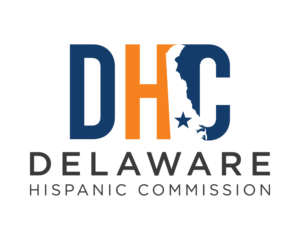 Logo for the Delaware Hispanic Commission featuring the acronym DHC with a map of Delaware and a star inside the letter C.
