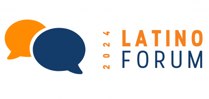 Logo for the 2024 Latino Forum featuring two overlapping speech bubbles in orange and navy blue next to the event name in bold text.