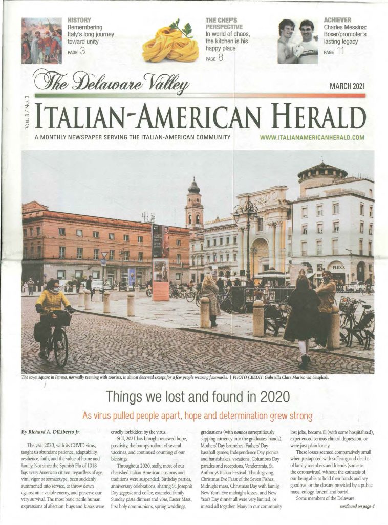 Front page of the March 2021 Italian-American Herald newspaper featuring a photo of a quiet town square in Parma, Italy.