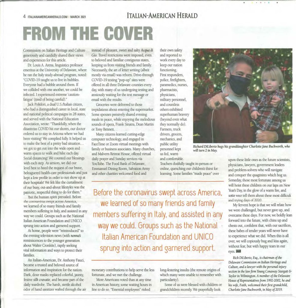 A newspaper article continued from page 1, featuring a photo of Richard DiLiberto wearing a mask and holding his granddaughter.