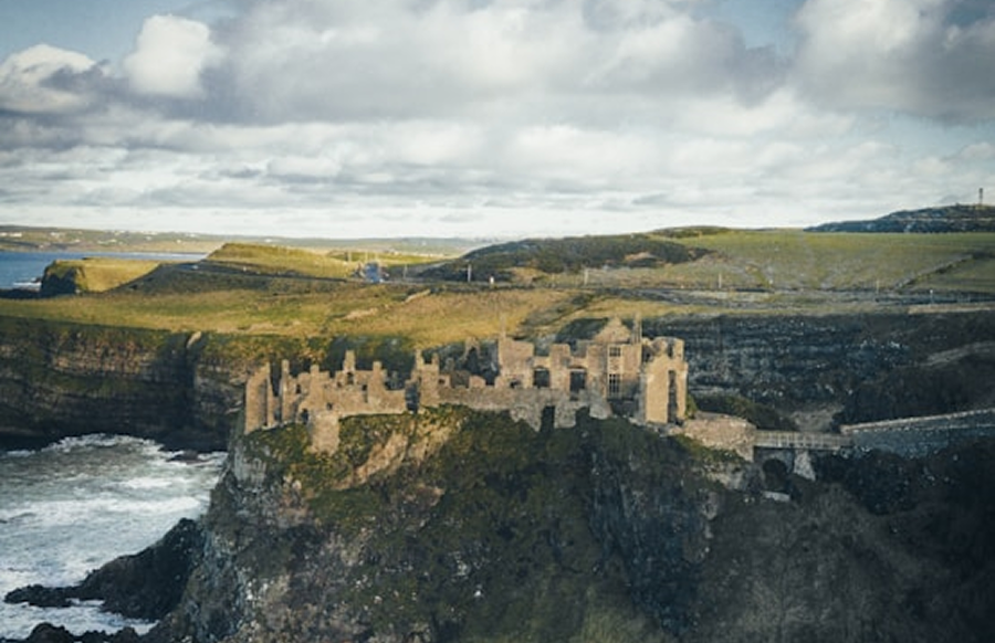 Aerial view of Dunluce Castle in Northern Ireland.