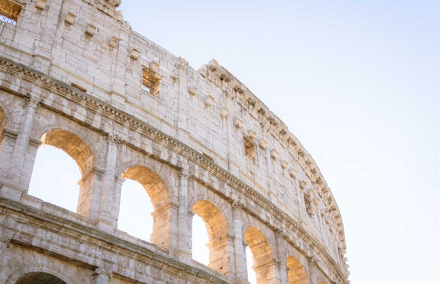 Angled close-up shot of the Colosseum in Rome, Italy.