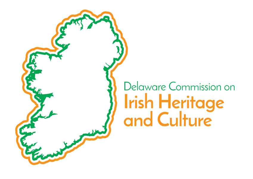 Outline of Ireland (green/orange) next to text: Delaware Commission on Irish Heritage and Culture (green/orange).