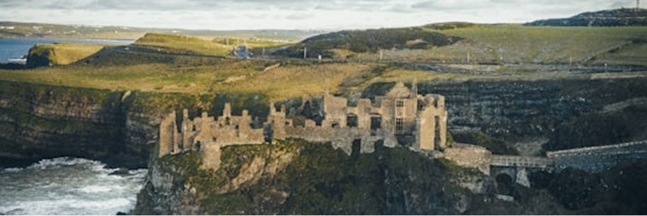 Aerial view of Dunluce Castle in Northern Ireland.