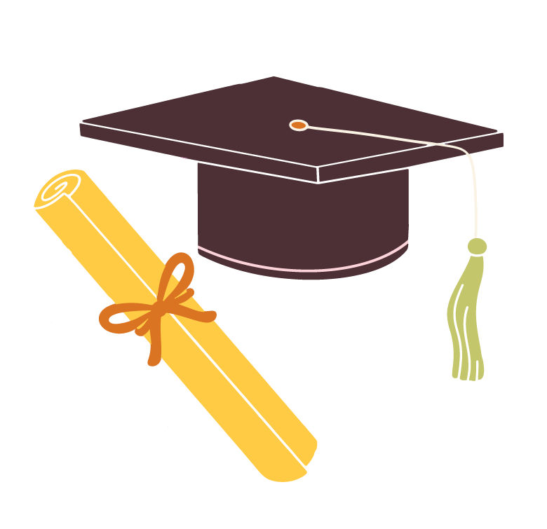 Graduation cap with a green tassel and a rolled diploma tied with an orange ribbon on a white background.