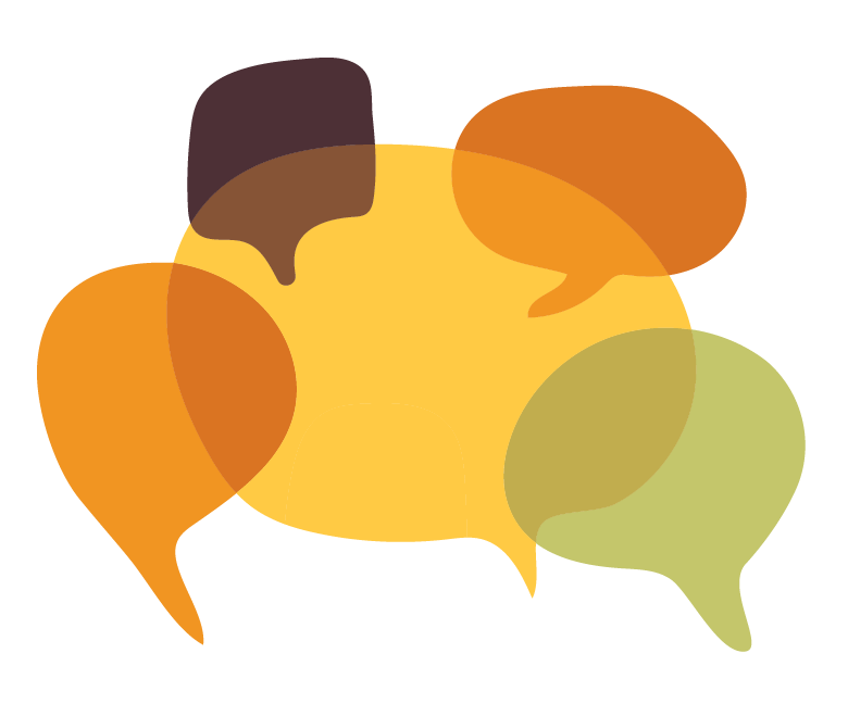 Overlapping colorful speech bubbles in orange, yellow, brown, and green.