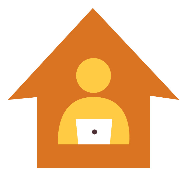 Icon of a person working on a laptop inside an orange house-shaped arrow pointing upward.