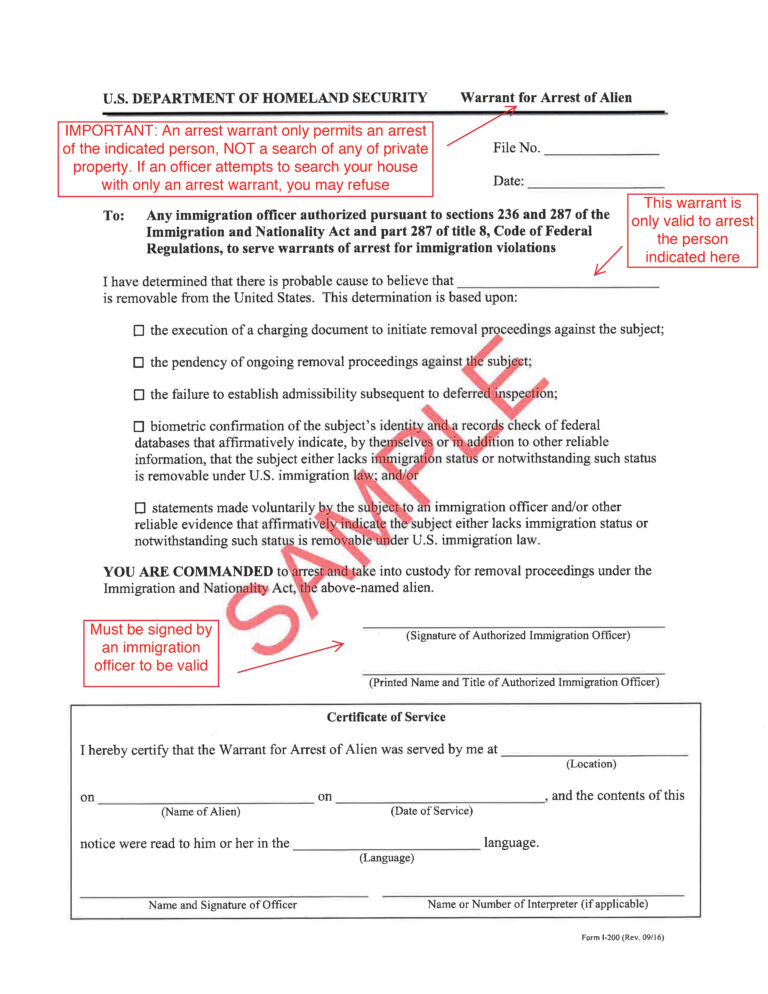 Annotated example of a DHS administrative arrest warrant showing key details to review.