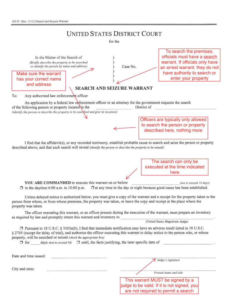 Annotated example of a judicial search warrant showing key details to review, including the court name, address, date, and judge’s signature.